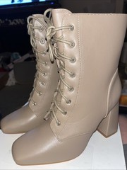NEWBELLA Women’s Square Toe Ankle Boots – Lace-Up Block Heel Side Zip Apricot 8