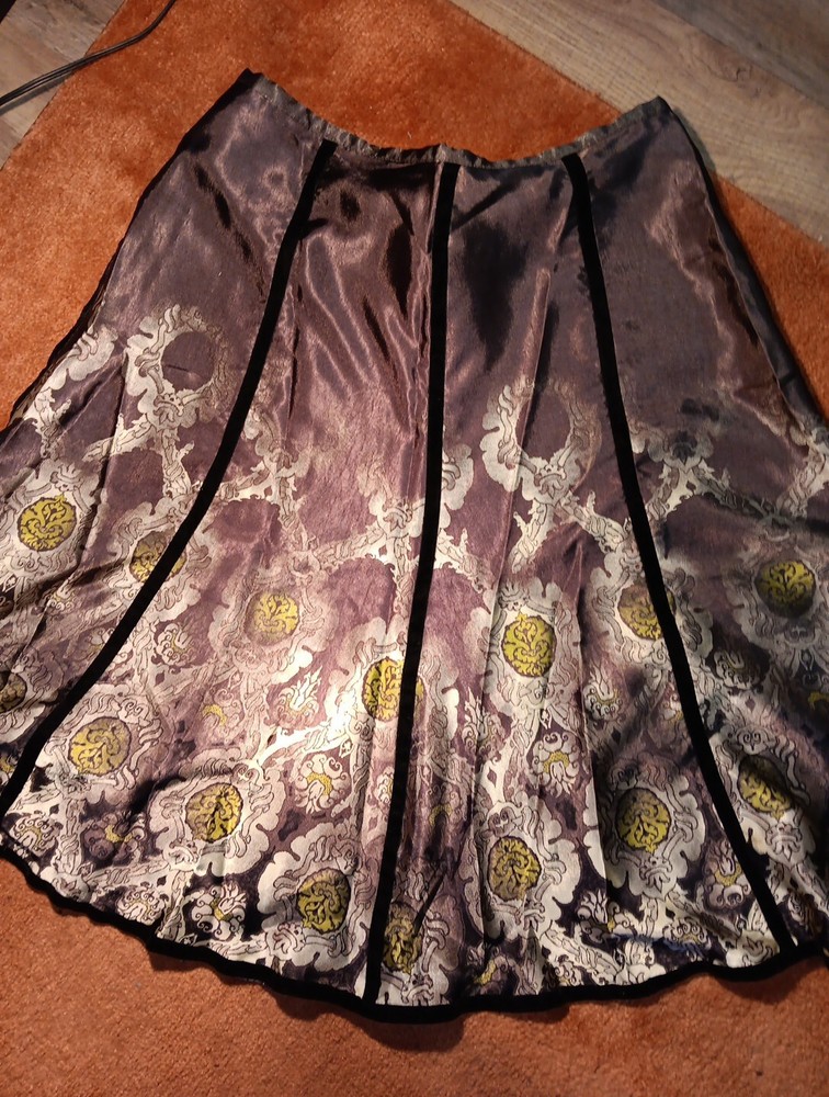 Apostrophe Satin Long Skirt Brown & Green Velvet Abstract Floral Fit &Flare