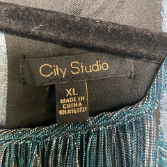 City Studio Fit & Flare Dress Womens XL Teal Black Metallic Ruffled Sash Halter