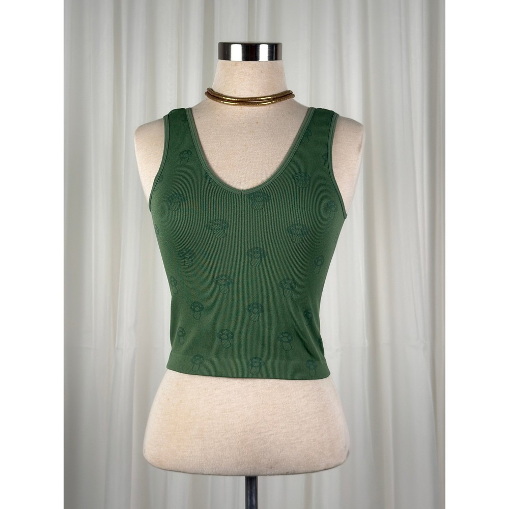 Rue21 Green Ribbed Mushroom Print Crop Tank Top Small Y2K Fairy Grunge