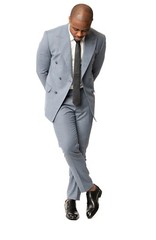 Slim Fit Double Breasted Slate Blue Grey Mens Suit 2 Button Peak Lapel AZAR MAN
