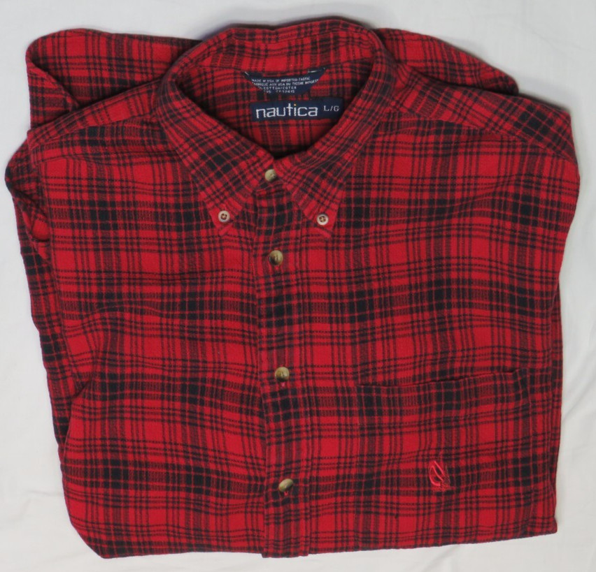 NAUTICA MENS L RED BLACK PLAID VINTAGE USA MADE LOOSE KNIT BREATHABLE SHIRT LS