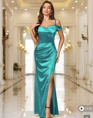 Women Elegant Off Shoulder Wrap Ruched Split Hem Satin Evening Party Maxi Dress,