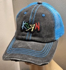 Korn Hat Distressed Ball Cap Hat Black & Neon Blue Mesh Hat