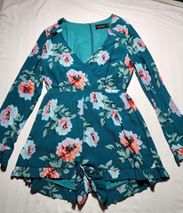 Minkpink Romper Womens Medium Green Pink Floral Short Long Sleeve Ruffles V Neck