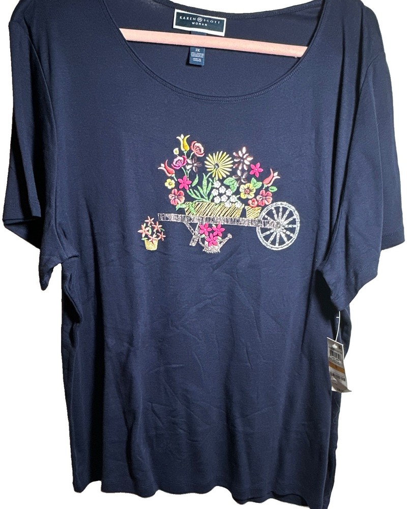 Karen Scott Women Sz 3X Blue Garden Floral Embroidered Scoop Neck SS T-Shirt NWT