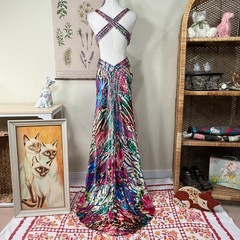 Y2k Cache Satin Beaded Sequin Open Back Formal Train Dress Fairy McBling Sexy 2