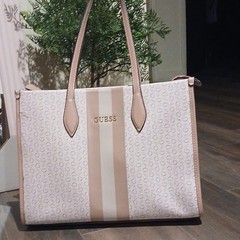 GUESS Women’s Beige & Pink Logo Pattern Tote Bag Double Handles Gold Hardware