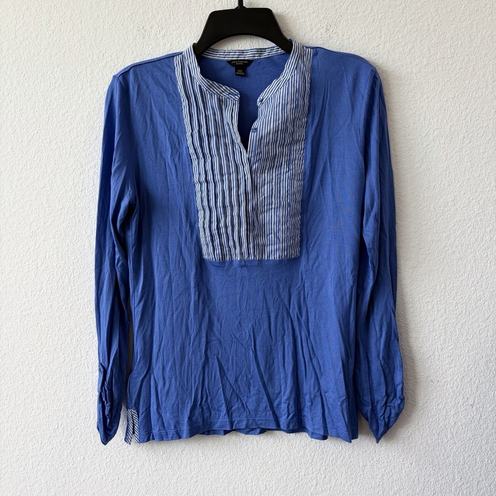 Ann Taylor Petite Blue 3/4 Sleeve Pleat Front Blouse Size MP