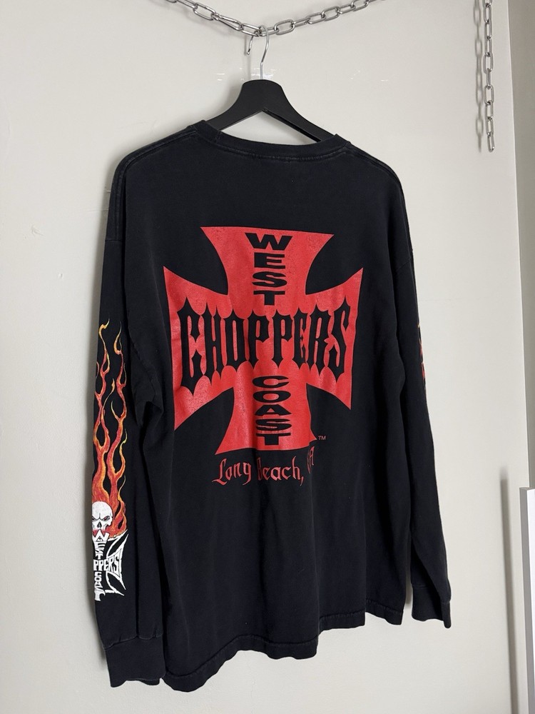 Vintage West Coast Choppers CFL Long Sleeve Black Flames Y2K Biker Shirt Large