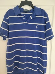 Ralph Lauren Polo Shirt Mens Blue White Striped Golf Rugby Knit Preppy Size L