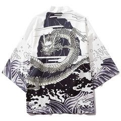 Japanese Kimono Cardigan Jacket Anime Dragon Print Haori Yukata Open Front Top
