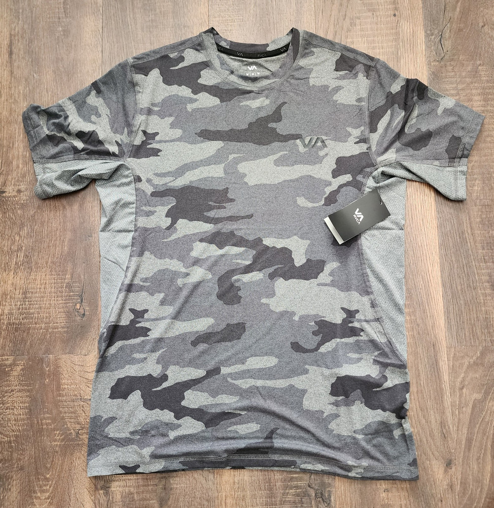 RVCA Men’s Gray Camo Logo Stretch Crew Neck Short Sleeve T-Shirt Size M