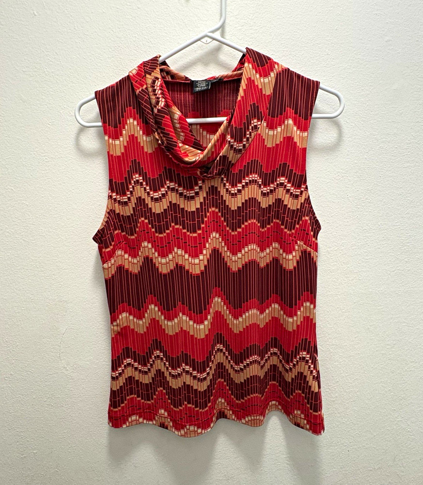 BCBGMAXAZRIA Sleeveless Cowl Neck Chevron Knit Tank Top Red Multi M Stretch