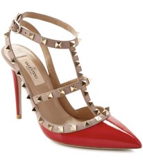 Valentino Studded Ankle Strap Stiletto Pointed Toe Leather Heels Red 36.5