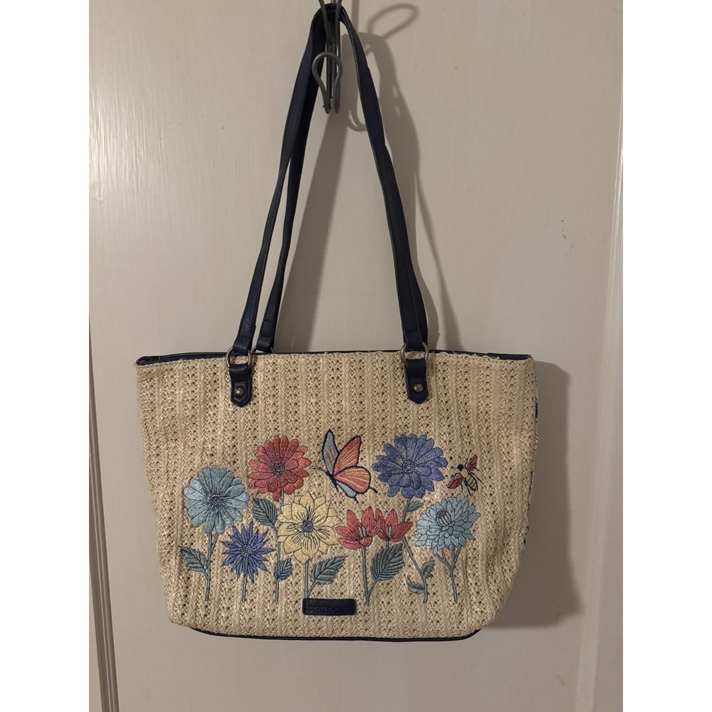 Sakroots Floral Embroidered Straw Tote Bag Navy Blue Butterfly Bee Summer Beach