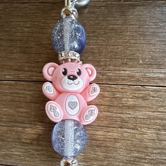 Pink Bear Beaded Key Chain Keyring w Clip, Purple Glitter Beads Silver Tone