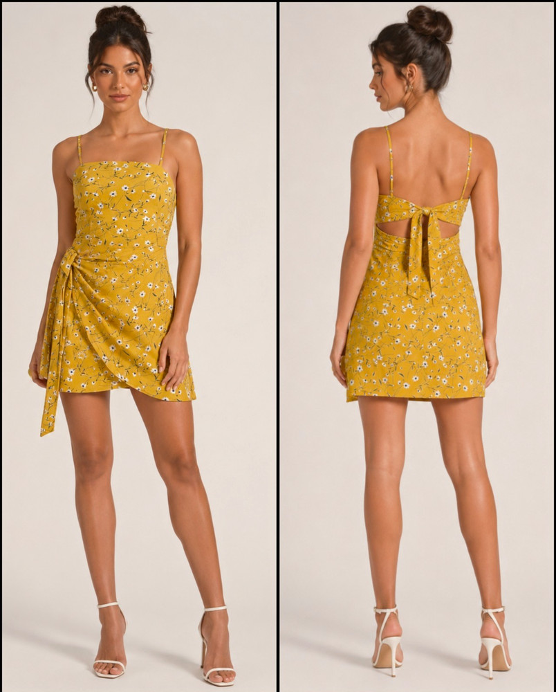Women’s Yellow Floral Straight Neck Strappy Tie Back Cutout Mini Dress Size S