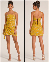 Women’s Yellow Floral Straight Neck Strappy Tie Back Cutout Mini Dress Size S