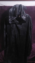 Women’s Black Fleece Polyester Hooded Robe Long Sleeve Tie Waist Solid