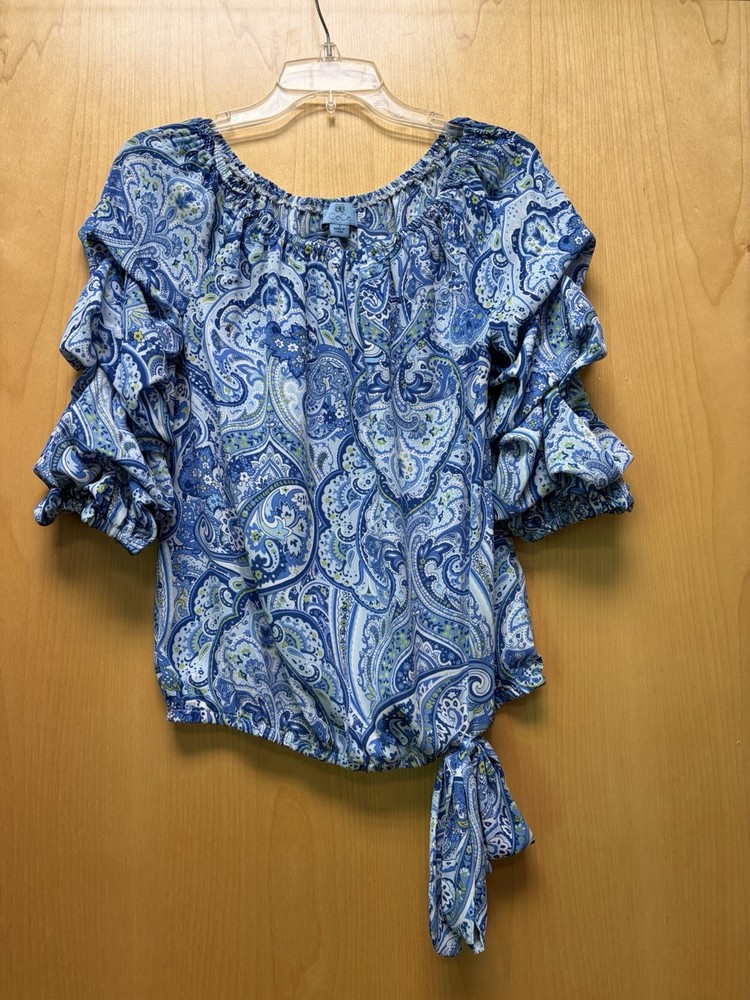 CeCe Paisley Ruffle Sleeve Blouse Top, Blue/White/Green, Tie Hem, Size S