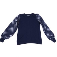 Adrianna Papell Top Balloon Sleeve Polka Dot Crewneck Medium Navy Blue Retro