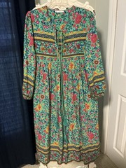 R Vivimos Cottagecore Dress Size Medium Long Sleeve Floral Boho Midi Tassel EUC