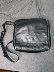Coach Signature Monogram Crossbody Messenger Bag Black Charcoal Leather f54771