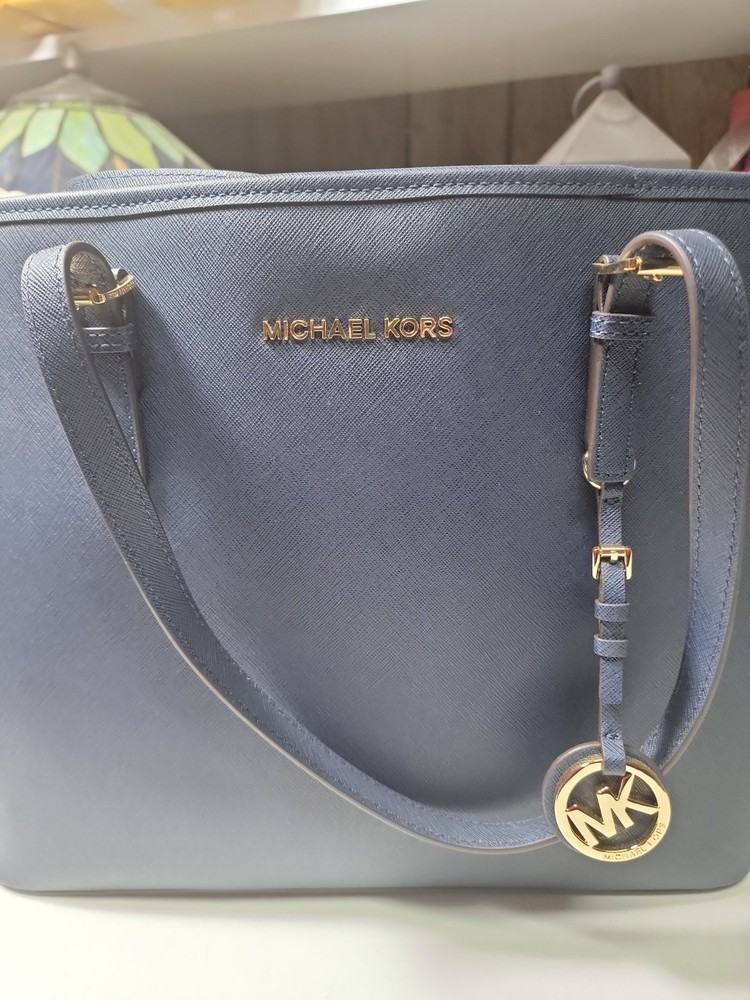 Michael kors leather shoulder bag jet set travel tote top zip blue and gold
