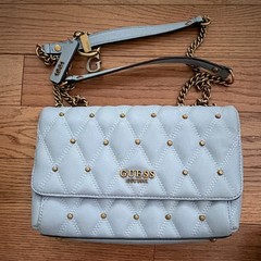 GUESS Blue Quilted Studded Small Shoulder Bag Chain Strap Magnetic Lined Pockets