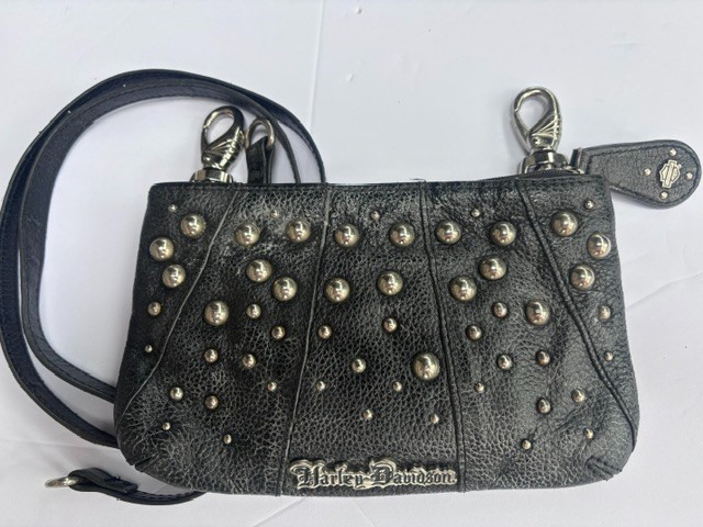 Harley Davidson Black Leather Studded Crossbody Bag Clutch Wallet Silver Logo