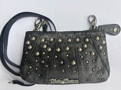 Harley Davidson Black Leather Studded Crossbody Bag Clutch Wallet Silver Logo