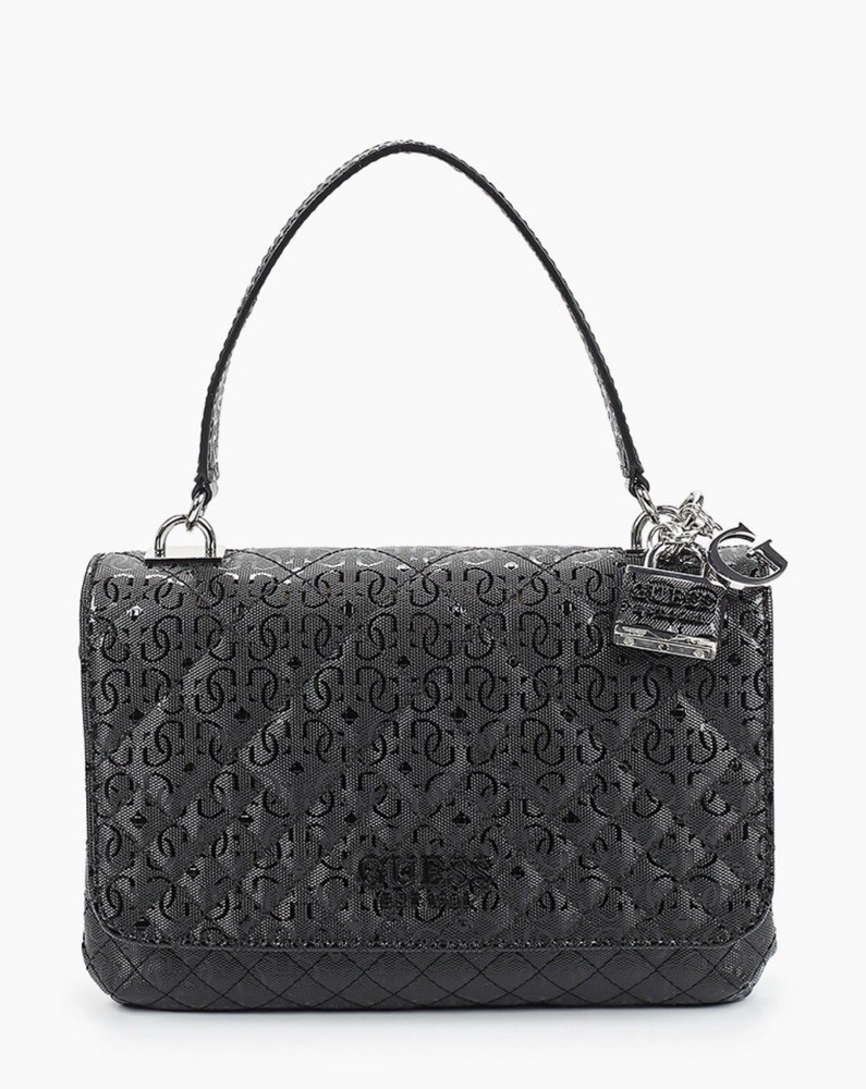 GUESS Logo Quilted Shoulder Bag Black Zip/Magnetic Closure Charm Silver Hardware