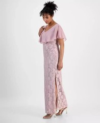 Connected Lace Gown 16 Sequined Chiffon Overlay Side Slit Mauve Pink NWT $109