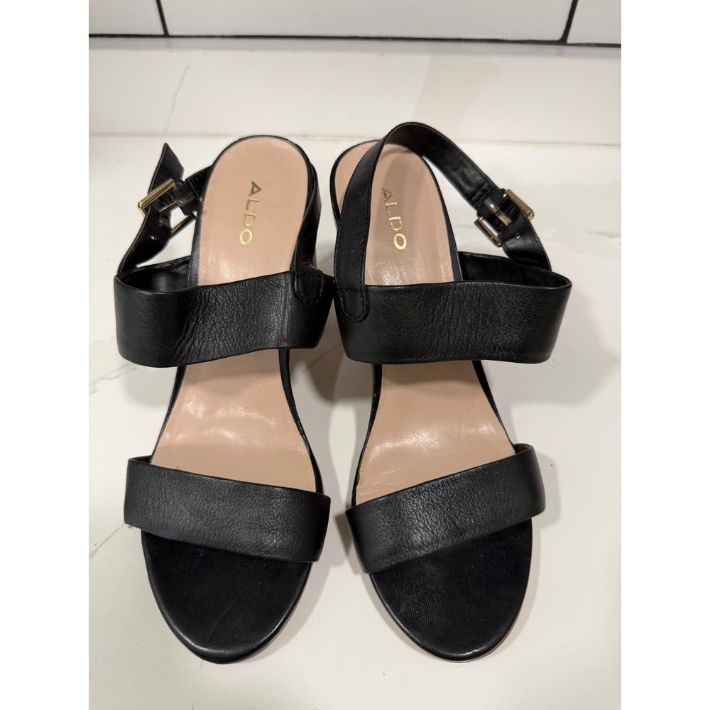 Aldo Womens Black Leather Block Heel Ankle Strap Sandals Gold Buckle Size 9