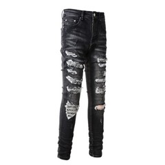 Men’s Skinny Stretch Jeans Mid-Rise Gray Laser Rips Eco Wash & Comfort Fit