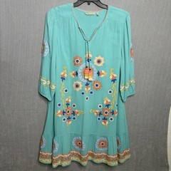 Soft Surroundings Artisan Embroidered Boho Tunic Dress Turquoise Size P XL Beach