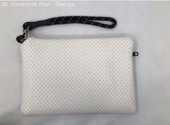 White Striped Neoprene Clutch Pink Purple Orange Strip With Black Wristlet Great