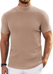 Mens Short Sleeve Mock Turtleneck Sweater Casual Ribbed Knit Pullover Top Tee