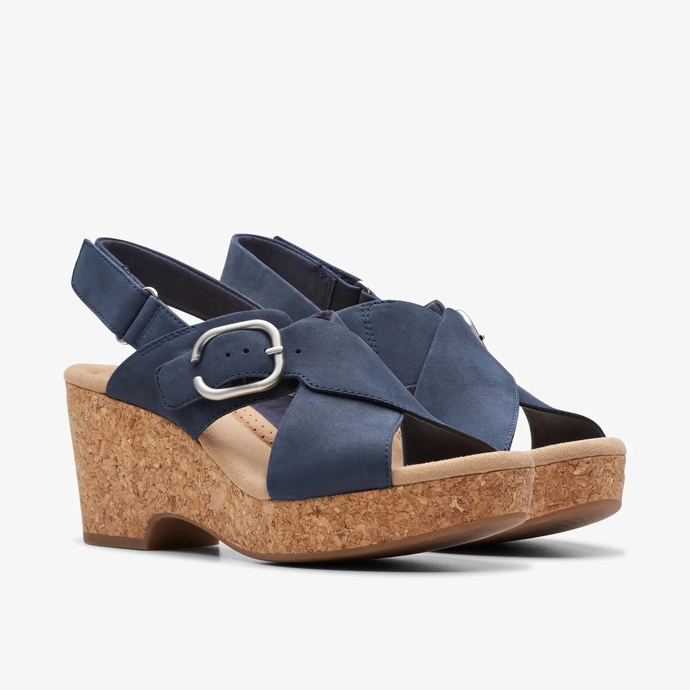Clarks Giselle Dove Wedge Sandal Slingback Straps Navy Nubuck Women’s 7 Medium