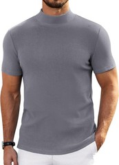 Mens Short Sleeve Mock Turtleneck Sweater Casual Ribbed Knit Pullover Top Tee