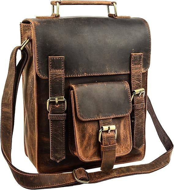 11″ Buffalo Leather Sling Bag Mens Dark Brown For iPad, Tablet Crossbody Strap