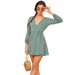Reformation Green Pattern Wrap Dress Mini Dress Long Sleeve Size Medium