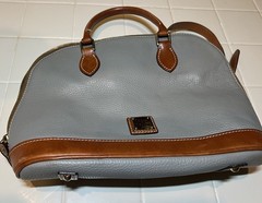 Dooney & Bourke Pebbled Gray/Brown Zip Satchel Detachable Strap Red Lining