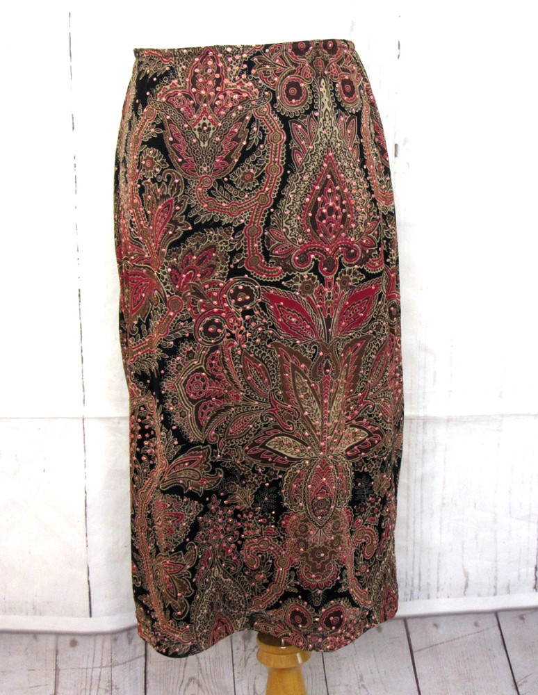 Vintage A. Byer Midi Length Skirt Straight Lined Muti Paisley Glitter Size L