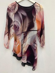 Chesca Floral Top Size 14 Purples Orange Floaty Sleeves Asymmetric Hem Elegant