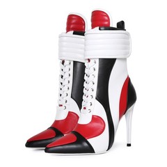 Womens Color Block Patchwork Ankle Boots High Heel Lace Leather Shoes Multi Tone