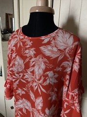 PRIMARK Ladies Blouse Top Size 12 Orange Floral Stretch Lightweight Half Sleeve