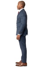 Slim Fit Double Breasted Solid Navy Blue Mens Suit 2 Button Peak Lapel AZAR MAN