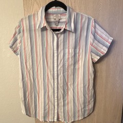St. John’s Bay Women’s M Striped Cotton Woven Button-Up SS Point Collar Pockets